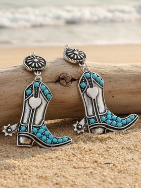 Western Turquoise Cowboy Boot Drop Earrings Silver Boho Cowgirl